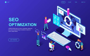 Modern düz tasarım Seo Analizi izometrik kavramı insanların karakter Web sitesi ve mobil web sitesi geliştirme için dekore edilmiştir. İzometrik açılış sayfası şablonu. Vektör çizim.