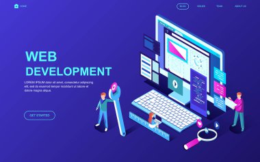 Modern düz izometrik tasarım Web geliştirme web sitesi ve mobil web sitesi geliştirme için insan karakterinin dekore edilmiştir. İzometrik açılış sayfası şablonu. Vektör çizim.