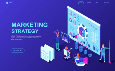 Modern düz tasarım pazarlama stratejisi izometrik kavramı insanların karakter Web sitesi ve mobil web sitesi geliştirme için dekore edilmiş. İzometrik açılış sayfası şablonu. Vektör çizim.