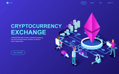 Cryptocurrency Exchange modern düz tasarım izometrik kavramı insanların karakter Web sitesi ve mobil web sitesi geliştirme için dekore edilmiş. İzometrik açılış sayfası şablonu. Vektör çizim.