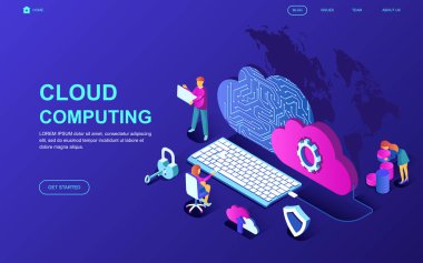 Modern düz tasarım izometrik bulut teknoloji kavramı insanların karakter Web sitesi ve mobil web sitesi geliştirme için dekore edilmiştir. İzometrik açılış sayfası şablonu. Vektör çizim.