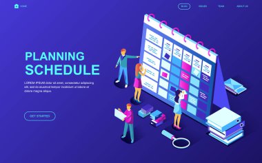 Modern düz izometrik tasarım planlama çizelgesinin insanlar karakter Web sitesi ve mobil web sitesi geliştirme için dekore edilmiştir. İzometrik açılış sayfası şablonu. Vektör çizim.