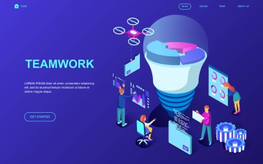 Modern düz tasarım izometrik ekip çalışması kavramı insanların karakter Web sitesi ve mobil web sitesi geliştirme için dekore edilmiştir. İzometrik açılış sayfası şablonu. Vektör çizim.