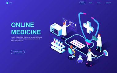 Modern düz tasarım izometrik kavramı tıp ve sağlık insan karakter Web sitesi ve mobil web sitesi geliştirme için dekore edilmiştir. İzometrik açılış sayfası şablonu. Vektör çizim.