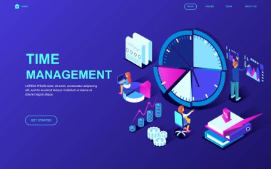 Modern düz tasarım izometrik zaman yönetimi kavramı insanların karakter Web sitesi ve mobil web sitesi geliştirme için dekore edilmiştir. İzometrik açılış sayfası şablonu. Vektör çizim.