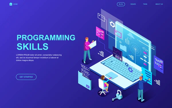 Moderno Concepto Isométrico Diseño Plano Habilidades Programación Personas Decoradas Carácter — Archivo Imágenes Vectoriales