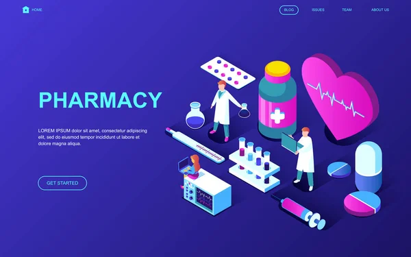 Moderno Concepto Isométrico Diseño Plano Farmacéutico Farmacia Decorado Personaje Personas — Vector de stock