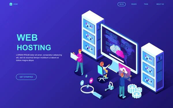 Web ホスティングのモダンなフラット デザイン等尺性の概念には ウェブサイトやモバイル サイト開発の人々 の文字が装飾されています 等尺性ランディング ページ テンプレートです ベクトル図 — ストックベクタ