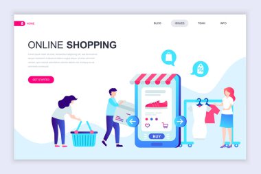 Modern düz web sayfa tasarım şablonu Online alışveriş insanlar karakter Web sitesi ve mobil web sitesi geliştirme için dekore edilmiştir. Düz açılış sayfası şablonu. Vektör çizim.