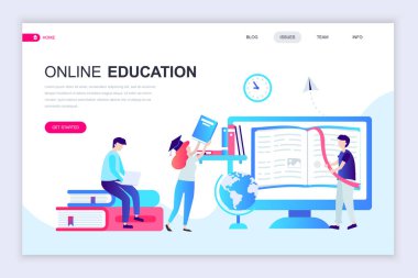 Modern düz web sayfa tasarım şablonu çevrimiçi eğitim web sitesi ve mobil web sitesi geliştirme için insan karakterinin dekore edilmiştir. Düz açılış sayfası şablonu. Vektör çizim.
