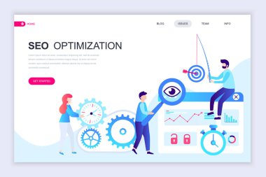 Modern düz web sayfa tasarım şablonu Seo analiz insanlar karakter Web sitesi ve mobil web sitesi geliştirme için dekore edilmiştir. Düz açılış sayfası şablonu. Vektör çizim.