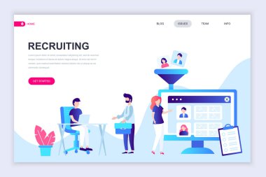 Modern düz web sayfa Tasarım şablon işe alma / insanlar karakter Web sitesi ve mobil web sitesi geliştirme için dekore edilmiştir. Düz açılış sayfası şablonu. Vektör çizim.
