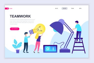 Modern düz web sayfa tasarım şablonu ekip çalışması, insanların karakter Web sitesi ve mobil web sitesi geliştirme için dekore edilmiştir. Düz açılış sayfası şablonu. Vektör çizim.
