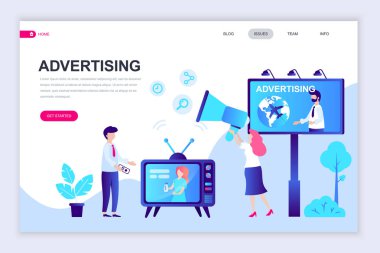 Modern düz web sayfa tasarım şablonu reklam ve promosyon web sitesi ve mobil web sitesi geliştirme için insan karakterinin dekore edilmiştir. Düz açılış sayfası şablonu. Vektör çizim.