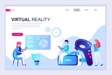 Modern düz web sayfa tasarım şablonu sanal Augmented Reality insanlar karakter Web sitesi ve mobil web sitesi geliştirme için dekore edilmiştir. Düz açılış sayfası şablonu. Vektör çizim.