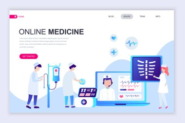 Modern düz web sayfa tasarım şablonu tıp ve sağlık insan karakter Web sitesi ve mobil web sitesi geliştirme için dekore edilmiştir. Düz açılış sayfası şablonu. Vektör çizim.