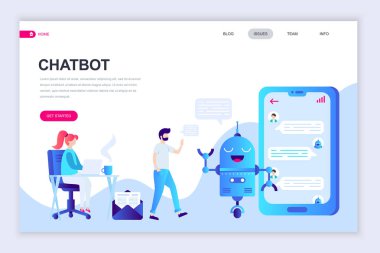 Modern düz web sayfa tasarım şablonu Chat Bot ve pazarlama web sitesi ve mobil web sitesi geliştirme için insan karakterinin dekore edilmiştir. Düz açılış sayfası şablonu. Vektör çizim.