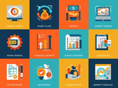 Düz kavramsal küresel pazar ekonomi simgeler kavramları Web sitesi ve mobil site ve uygulamalar için ayarlayın. Yükseltmek fonları ve finansal eğilimleri. Düz stil piktogram paketi. Vektör çizim.
