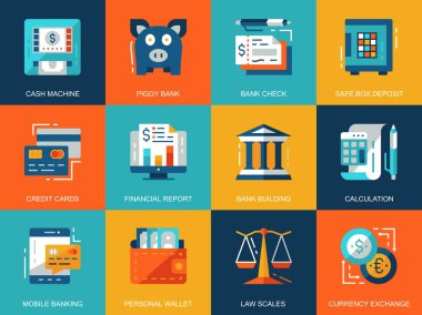 Düz kavramsal bankacılık ve finans simgeler kavramları Web sitesi ve mobil site ve uygulamalar için ayarlayın. E-bankacılık, para ve kredi kartları. Düz stil piktogram paketi. Vektör çizim.
