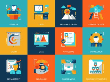 Düz kavramsal yönetim simgeleri kavramları Web sitesi ve mobil site ve uygulamalar için ayarlayın. İş şirket yapısı, insan kaynakları. Düz stil piktogram paketi. Vektör çizim.