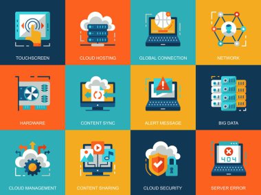 Düz kavramsal bulut teknoloji simgeler kavramları Web sitesi ve mobil site ve uygulamalar için ayarlayın. Ağ bilgisayar, platform hizmetleri bulut. Düz stil piktogram paketi. Vektör çizim.