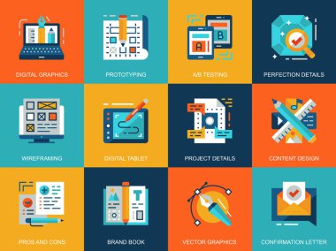 Düz kavramsal yaratıcı süreç simgeler kavramları Web sitesi ve mobil site ve uygulamalar için ayarlayın. Proje iş akışı tasarım yapma, dijital grafik içerik. Düz stil piktogram paketi. Vektör çizim.