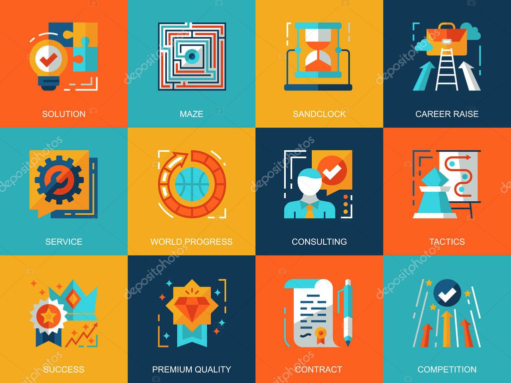 Flat conceptual business process icons concepts set for website and mobile site and apps. Solution finding, market strategy tactics. Flat style pictogram pack. Vector illustration.