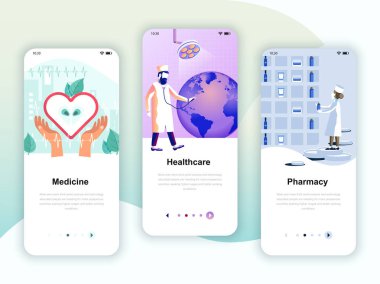 Tıp, sağlık, eczane, mobil app şablonlar kavramı için onboarding ekranlar Kullanıcı arabirimi seti dizi. Modern Ux, UI filtresi şablonu hareket eden ya da yanıt veren web sitesi için. Vektör çizim.