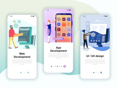 Onboarding kümesi Web ve uygulama geliştirme, tasarım, mobil app şablonlar kavramı için Kullanıcı arabirimi seti ekranlar. Modern Ux, UI ekran telefon veya duyarlı web sitesi için. Vektör çizim.