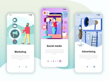 Onboarding kümesi Kullanıcı arabirimi Seti reklam, pazarlama için sosyal medya, mobil app şablonlar kavramı ekranlar. Modern Ux, UI ekran telefon veya duyarlı web sitesi için. Vektör çizim.