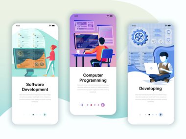 Onboarding kümesi Kullanıcı arabirimi kiti ekranları geliştirme, programlama, gelişmekte olan, mobil app şablonlar kavramı için. Modern Ux, UI ekran telefon veya duyarlı web sitesi için. Vektör çizim.