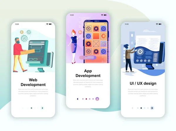 Onboarding Kümesi Web Uygulama Geliştirme Tasarım Mobil App Şablonlar Kavramı — Stok Vektör