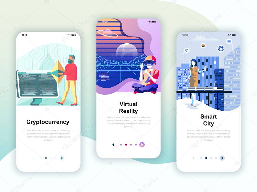 Set of onboarding screens user interface kit for Cryptocurrency, Smart City, Virtual Reality, mobile app templates concept. Modern UX, UI screen for mobile or responsive web site. Vector illustration.