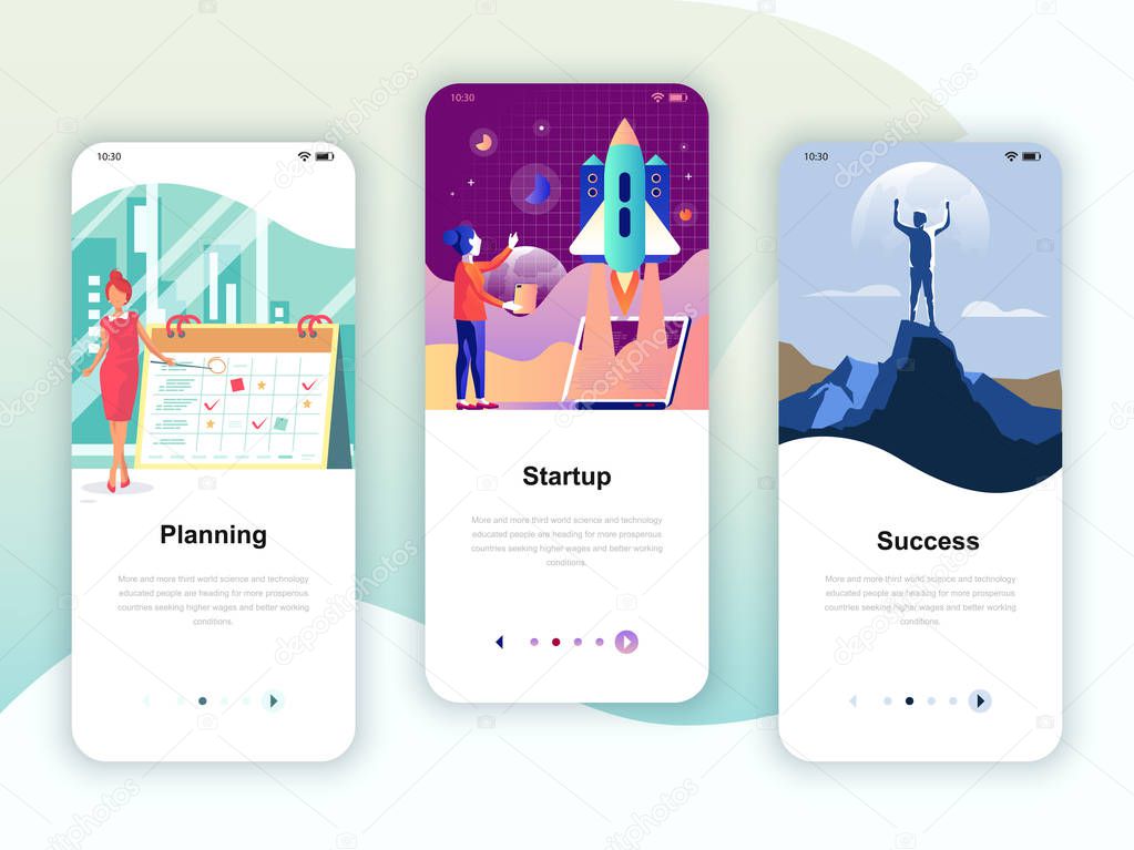 Set of onboarding screens user interface kit for Planning, Startup, Success, mobile app templates concept. Modern UX, UI screen for mobile or responsive web site. Vector illustration.