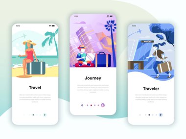 Seyahat, yolculuk, Traveler, mobil app şablonlar kavramı için onboarding ekranlar Kullanıcı arabirimi seti dizi. Modern Ux, UI ekran telefon veya duyarlı web sitesi için. Vektör çizim.
