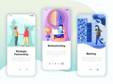 Ortaklık, beyin fırtınası, Toplantı, telefon app şablonlar kavramı için onboarding ekranlar Kullanıcı arabirimi seti dizi. Modern Ux, UI ekran telefon veya duyarlı web sitesi için. Vektör çizim.