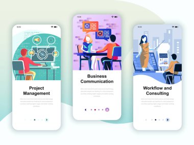 Onboarding ekranlar Kullanıcı arabirimi seti grubu yönetimi, iletişim, iş akışı, mobil app şablonlar kavramı için. Modern Ux, UI ekran telefon veya duyarlı web sitesi için. Vektör çizim.
