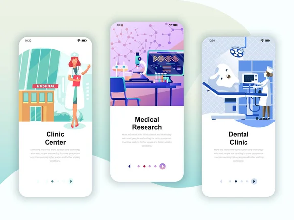 Tıp Araştırma Diş Kliniği Mobil App Şablonlar Kavramı Için Onboarding — Stok Vektör