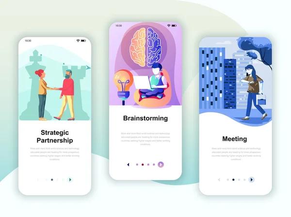 Conjunto Telas Onboarding Kit Interface Usuário Para Parceria Brainstorming Reunião —  Vetores de Stock