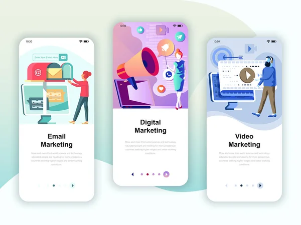 Conjunto Telas Onboarding Kit Interface Usuário Para Vídeo Mail Marketing —  Vetores de Stock