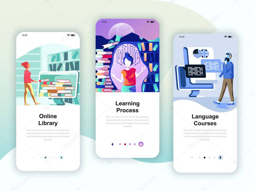 Set of onboarding screens user interface kit for Library, Learning, Language Courses, mobile app templates concept. Modern UX, UI screen for mobile or responsive web site. Vector illustration.