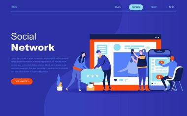 Modern düz tasarım sosyal ağ web sitesi ve mobil web sitesi geliştirme için. Açılış sayfası şablonu. Sanal iletişim ve medya paylaşımı. Vektör çizim.