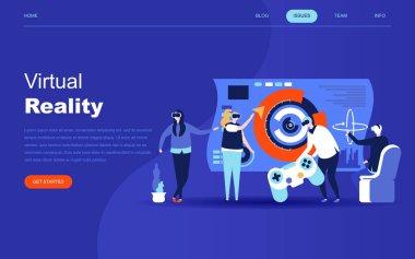 Web sitesi ve mobil web sitesi geliştirme için modern düz tasarım konsepti sanal Augmented Reality. Açılış sayfası şablonu. Dokunaklı vr arayüzü ile giyen kulaklık insanlar. Vektör çizim.