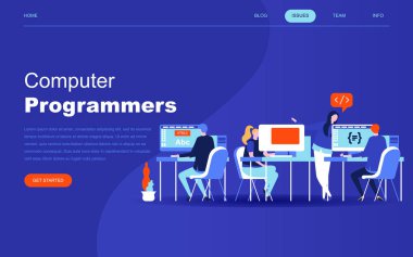 Bilgisayar programcıları kavramını modern düz tasarım Web sitesi ve mobil web sitesi geliştirme için. Açılış sayfası şablonu. Proje ekibi Web sitesi kodlamak için mühendisler geliştiricisi. Vektör çizim.