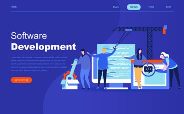 Modern düz tasarım yazılım geliştirme web sitesi ve mobil web sitesi geliştirme için. Açılış sayfası şablonu. Programlama ve kodlama teknolojilerin geliştirilmesi. Vektör çizim.
