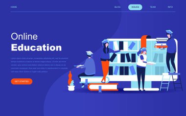 Online eğitim kavramı modern düz tasarım Web sitesi ve mobil web sitesi geliştirme için. Açılış sayfası şablonu. Online eğitim kursları, uzmanlık, üniversite eğitimi. Vektör çizim.