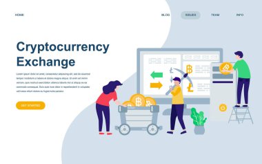 Modern düz web sayfa tasarım şablonu Cryptocurrency değişiminin insan karakter Web sitesi ve mobil web sitesi geliştirme için dekore edilmiş. Düz açılış sayfası şablonu. Vektör çizim.