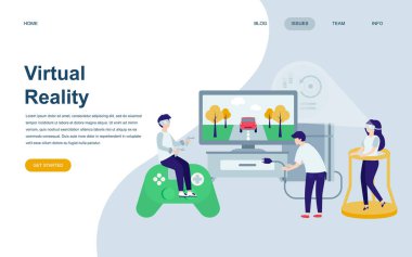 Modern düz web sayfa tasarım şablonu sanal Augmented Reality insanlar karakter Web sitesi ve mobil web sitesi geliştirme için dekore edilmiştir. Düz açılış sayfası şablonu. Vektör çizim.