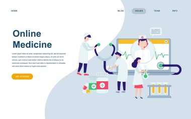 Modern düz web sayfa tasarım şablonu tıp ve sağlık insan karakter Web sitesi ve mobil web sitesi geliştirme için dekore edilmiştir. Düz açılış sayfası şablonu. Vektör çizim.