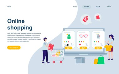 Modern düz web sayfa tasarım şablonu Online alışveriş insanlar karakter Web sitesi ve mobil web sitesi geliştirme için dekore edilmiştir. Düz açılış sayfası şablonu. Vektör çizim.